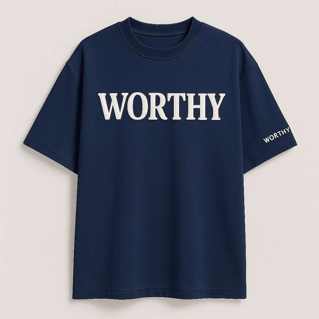 Navy Blue “WORTHY” Graphic T-Shirt – Unisex Motivational Streetwear Tee