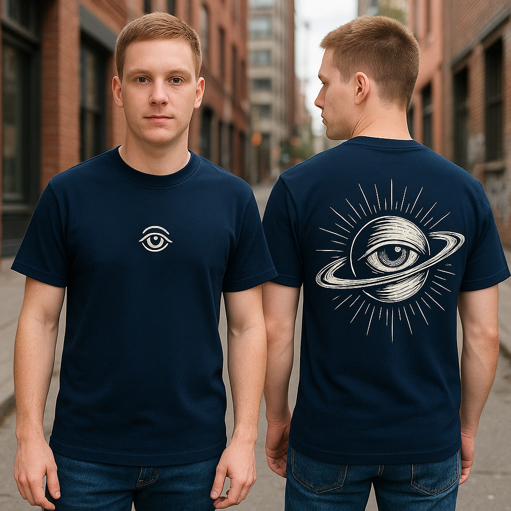 Navy Blue “Cosmic Eye” Graphic T-Shirt – Unisex Streetwear Tee with Front & Back Print