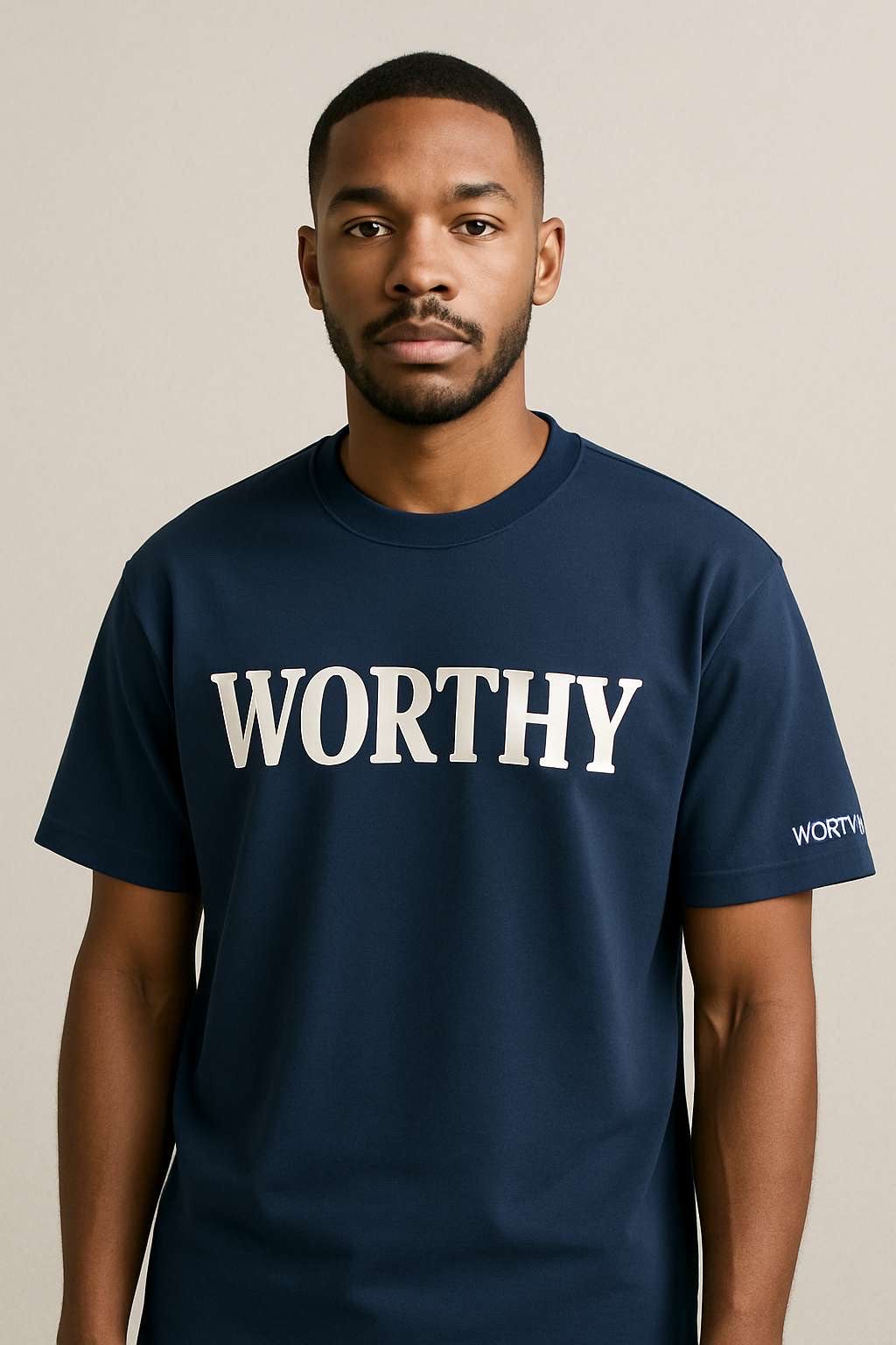 Navy Blue “WORTHY” Graphic T-Shirt – Unisex Motivational Streetwear Tee