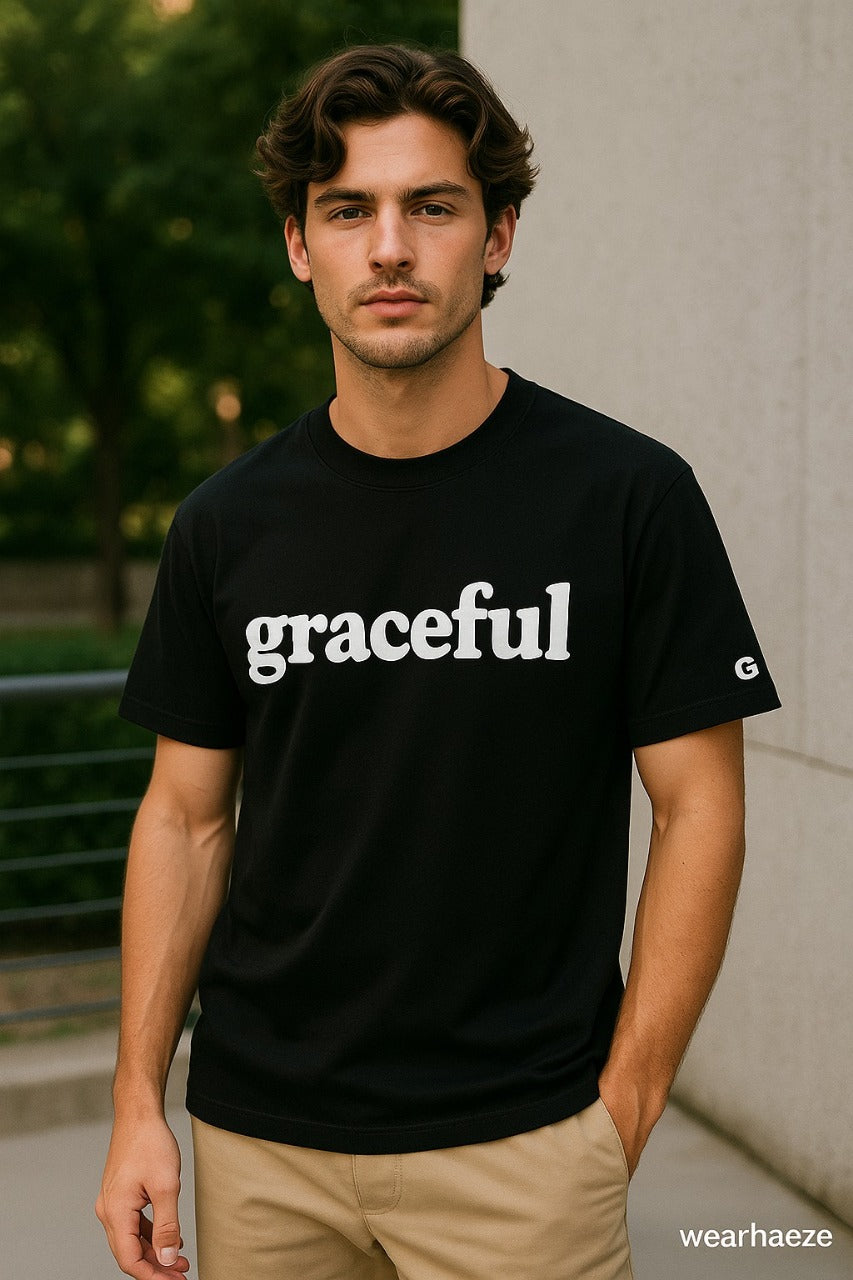 Black “GRACEFUL” Minimal Typography T-Shirt – Unisex Elegant Streetwear Tee