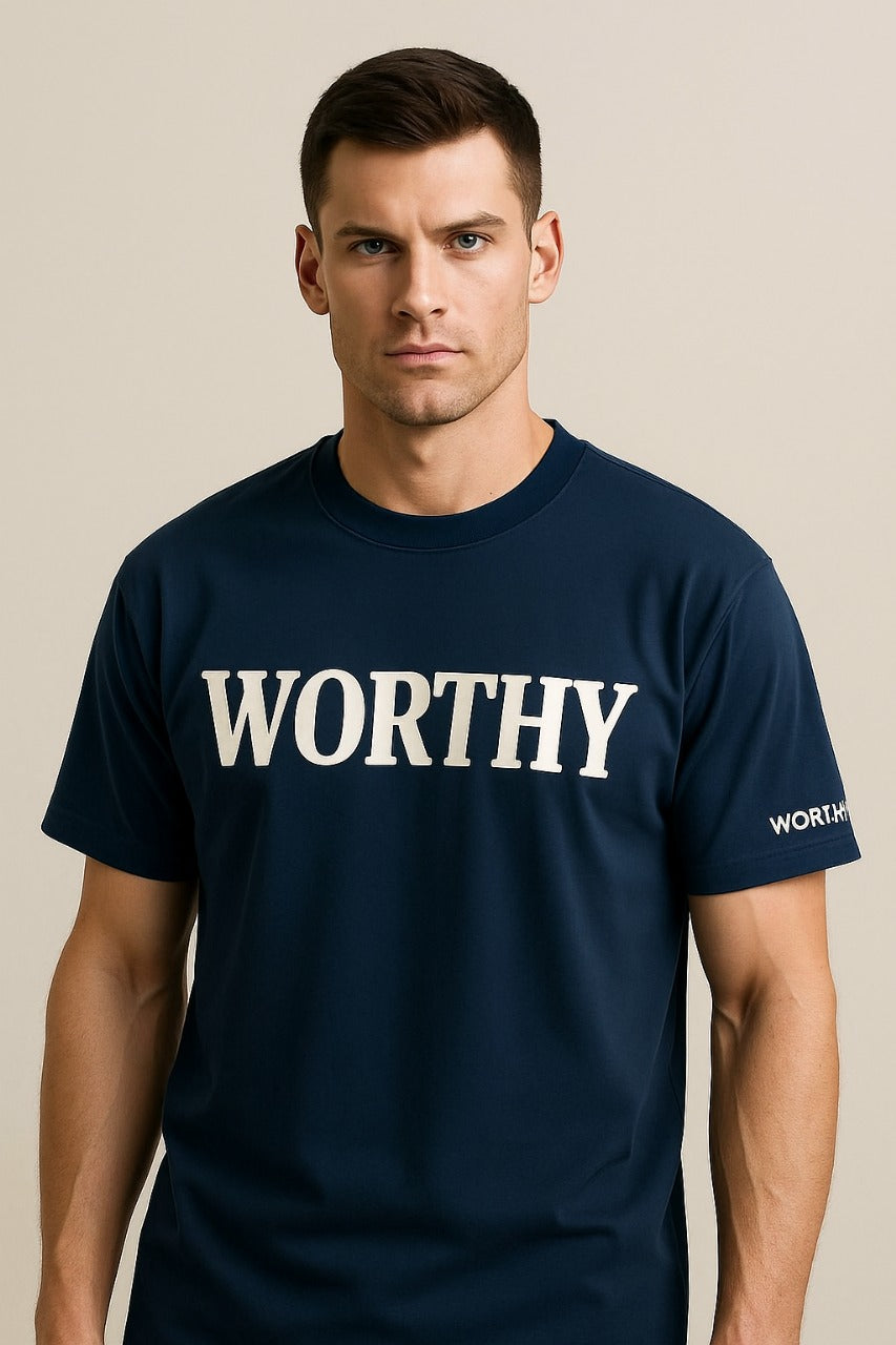 Navy Blue “WORTHY” Graphic T-Shirt – Unisex Motivational Streetwear Tee